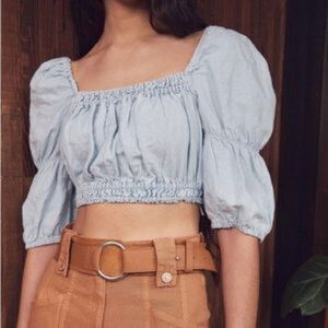 NWT Zara Puff Sleeve Cutout Tie Back Linen Cotton Blend Cropped Top, Medium